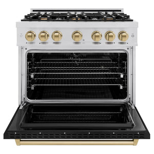 ZLINE Autograph Edition 36 in. 5.2 cu. ft. Classic Dual Fuel Range with 6 Burner Gas Cooktop and Electric Convection Oven in Stainless Steel with Black Matte Door and Champagne Bronze Accents (CDRZ-BLM-36-CB) front, oven open.
