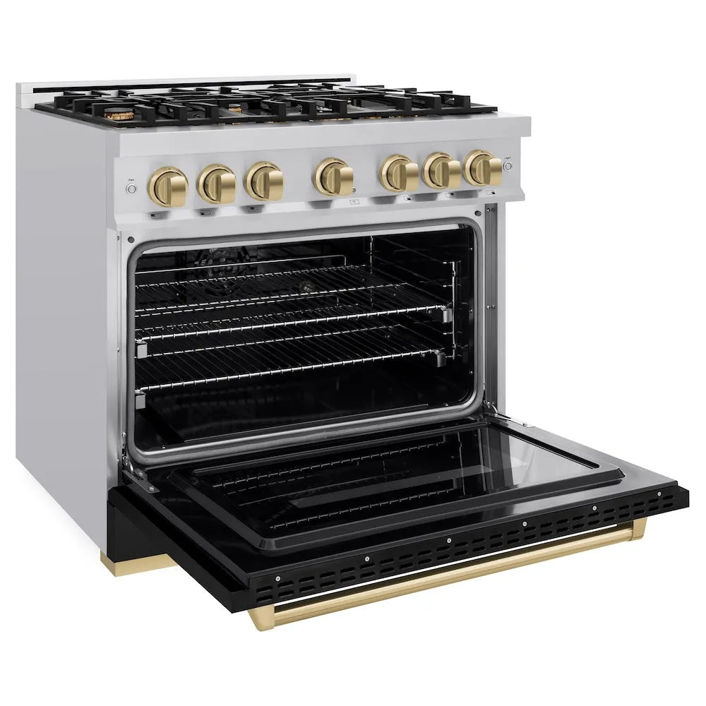 ZLINE Autograph Edition 36 in. 5.2 cu. ft. Classic Dual Fuel Range with 6 Burner Gas Cooktop and Electric Convection Oven in Stainless Steel with Black Matte Door and Champagne Bronze Accents (CDRZ-BLM-36-CB) side, oven open.
