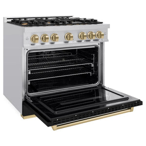 ZLINE Autograph Edition 36 in. 5.2 cu. ft. Classic Dual Fuel Range with 6 Burner Gas Cooktop and Electric Convection Oven in Stainless Steel with Black Matte Door and Champagne Bronze Accents (CDRZ-BLM-36-CB) side, oven open.