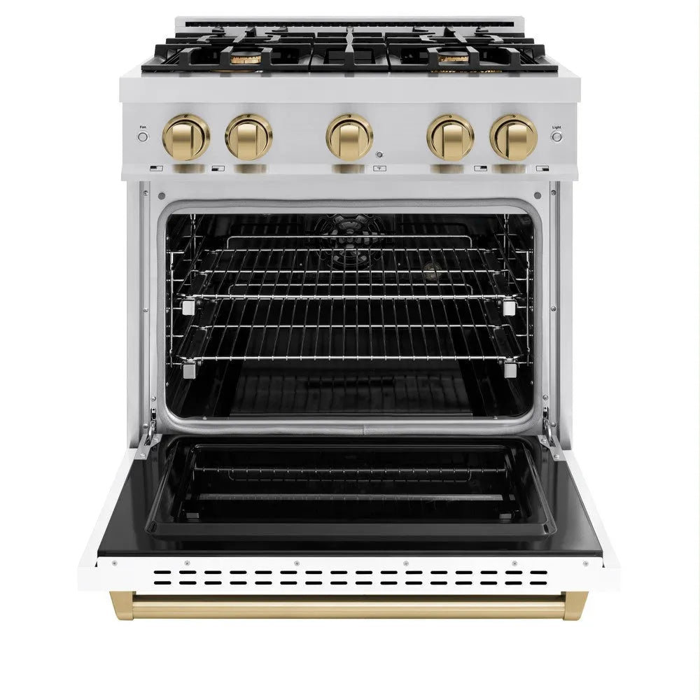 ZLINE Autograph Edition 30 in. 4.2 cu. ft. Classic Dual Fuel Range with 4 Burner Gas Cooktop and Electric Convection Oven in Stainless Steel with White Matte Door and Champagne Bronze Accents (CDRZ-WM-30-CB) front, oven open.