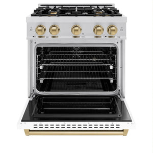 ZLINE Autograph Edition 30 in. 4.2 cu. ft. Classic Dual Fuel Range with 4 Burner Gas Cooktop and Electric Convection Oven in Stainless Steel with White Matte Door and Champagne Bronze Accents (CDRZ-WM-30-CB) front, oven open.