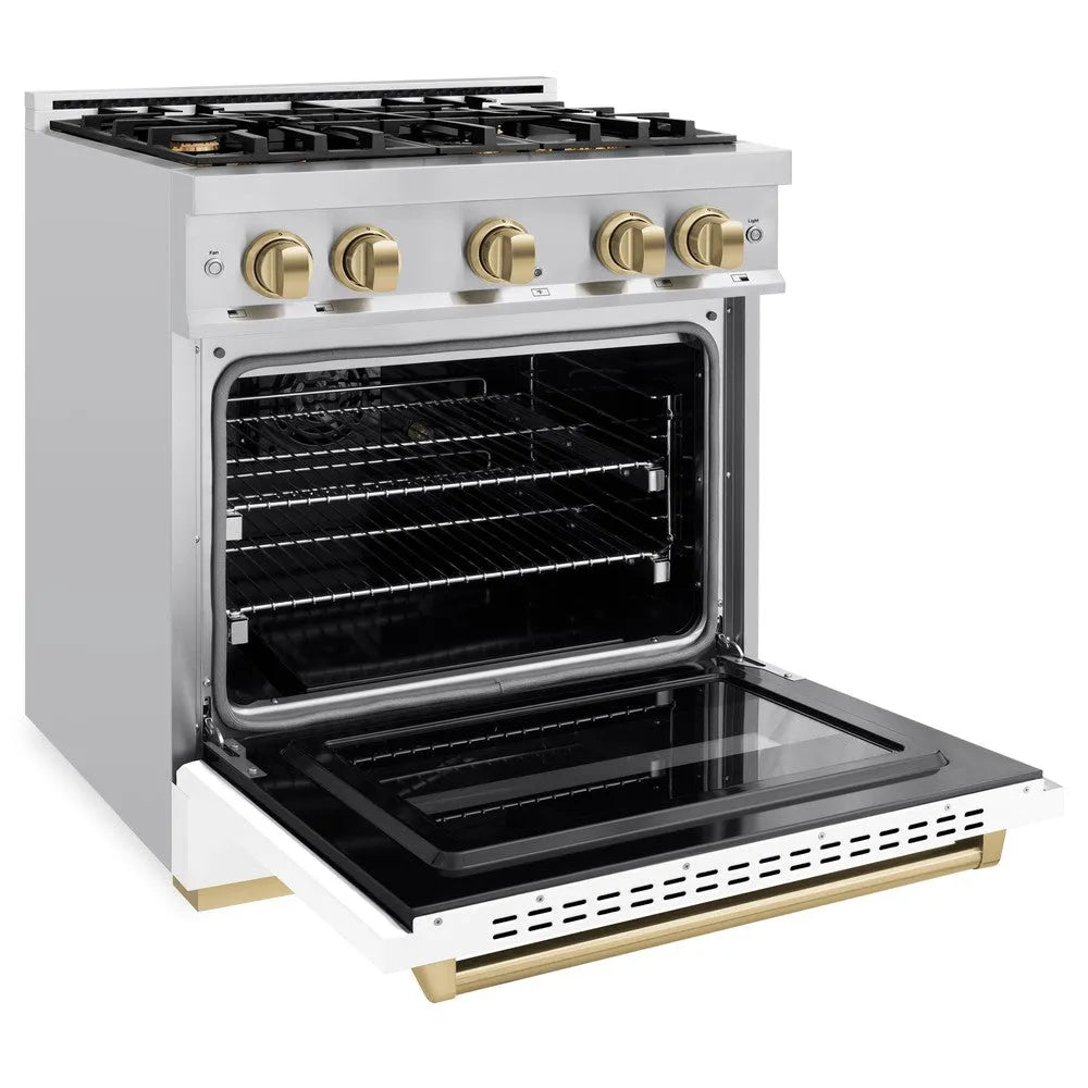 ZLINE Autograph Edition 30 in. 4.2 cu. ft. Classic Dual Fuel Range with 4 Burner Gas Cooktop and Electric Convection Oven in Stainless Steel with White Matte Door and Champagne Bronze Accents (CDRZ-WM-30-CB) side, oven open.