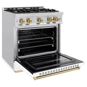ZLINE Autograph Edition 30 in. 4.2 cu. ft. Classic Dual Fuel Range with 4 Burner Gas Cooktop and Electric Convection Oven in Stainless Steel with White Matte Door and Champagne Bronze Accents (CDRZ-WM-30-CB) side, oven open.