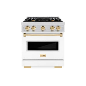 ZLINE Autograph Edition 30 in. 4.2 cu. ft. Classic Dual Fuel Range with 4 Burner Gas Cooktop and Electric Convection Oven in Stainless Steel with White Matte Door and Polished Gold Accents (CDRZ-WM-30-G) front, oven closed.