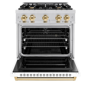 ZLINE Autograph Edition 30 in. 4.2 cu. ft. Classic Dual Fuel Range with 4 Burner Gas Cooktop and Electric Convection Oven in Stainless Steel with White Matte Door and Polished Gold Accents (CDRZ-WM-30-G) front, oven open.