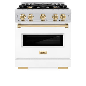 ZLINE Autograph Edition 30 in. 4.2 cu. ft. Classic Dual Fuel Range with 4 Burner Gas Cooktop and Electric Convection Oven in Stainless Steel with White Matte Door and Polished Gold Accents (CDRZ-WM-30-G) front, oven closed.