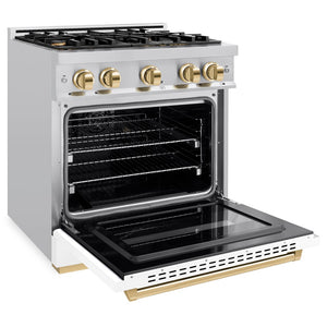 ZLINE Autograph Edition 30 in. 4.2 cu. ft. Classic Dual Fuel Range with 4 Burner Gas Cooktop and Electric Convection Oven in Stainless Steel with White Matte Door and Polished Gold Accents (CDRZ-WM-30-G) side, oven open.