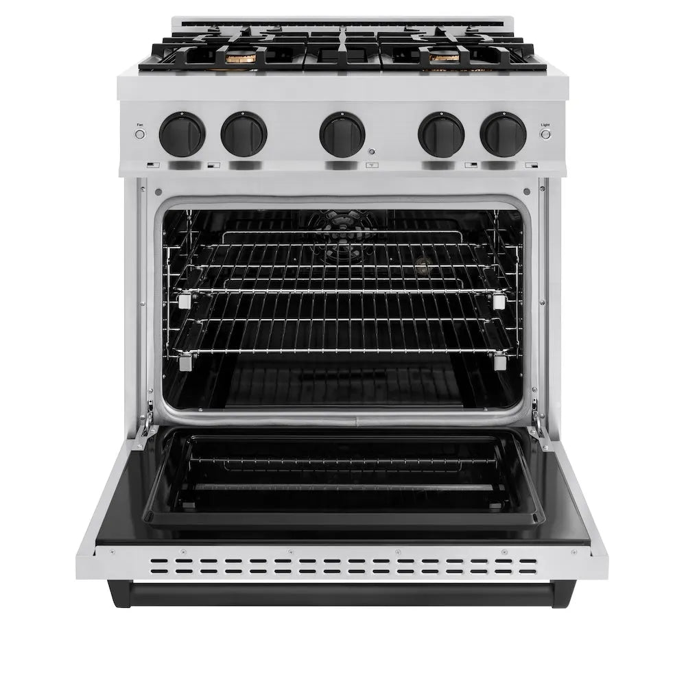 ZLINE Autograph Edition 30 in. 4.2 cu. ft. Classic Dual Fuel Range with 4 Burner Gas Cooktop and Electric Convection Oven in Stainless Steel with Matte Black Accents (CDRZ-30-MB) front, oven open.