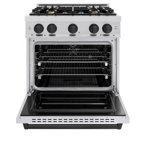 ZLINE Autograph Edition 30 in. 4.2 cu. ft. Classic Dual Fuel Range with 4 Burner Gas Cooktop and Electric Convection Oven in Stainless Steel with Matte Black Accents (CDRZ-30-MB) front, oven open.