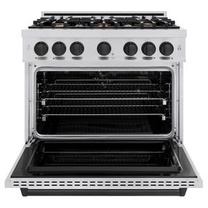 ZLINE Autograph Edition 36 in. 5.2 cu. ft. Classic Dual Fuel Range with 6 Burner Gas Cooktop and Electric Convection Oven in Stainless Steel with Matte Black Accents (CDRZ-36-MB) front, oven open.