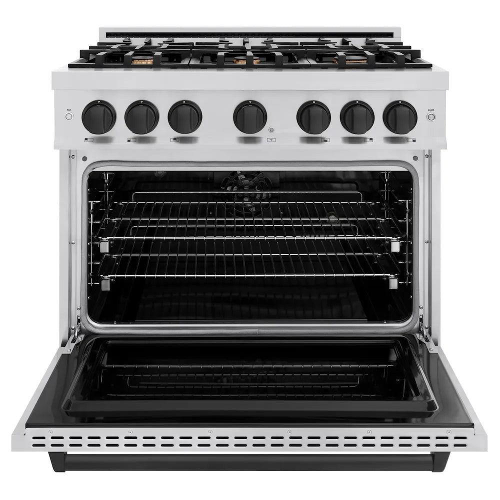 ZLINE Autograph Edition 36 in. 5.2 cu. ft. Classic Dual Fuel Range with 6 Burner Gas Cooktop and Electric Convection Oven in Stainless Steel with Matte Black Accents (CDRZ-36-MB) front, oven open.