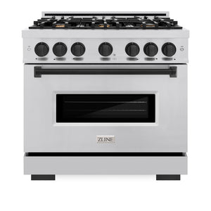 ZLINE Autograph Edition 36 in. 5.2 cu. ft. Classic Dual Fuel Range with 6 Burner Gas Cooktop and Electric Convection Oven in Stainless Steel with Matte Black Accents (CDRZ-36-MB) front, oven closed.