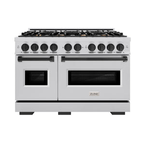 ZLINE Autograph Edition 48 in. 6.7 cu. ft. Classic Double Oven Dual Fuel Range with 8 Burner Gas Cooktop in Stainless Steel and Matte Black Accents (CDRZ-48-MB) front, oven closed.