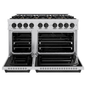 ZLINE Autograph Edition 48 in. 6.7 cu. ft. Classic Double Oven Dual Fuel Range with 8 Burner Gas Cooktop in Stainless Steel and Matte Black Accents (CDRZ-48-MB) front, oven open.