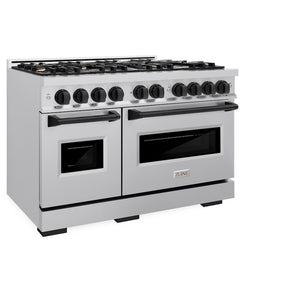 ZLINE Autograph Edition 48 in. 6.7 cu. ft. Classic Double Oven Dual Fuel Range with 8 Burner Gas Cooktop in Stainless Steel and Matte Black Accents (CDRZ-48-MB) side, oven closed.