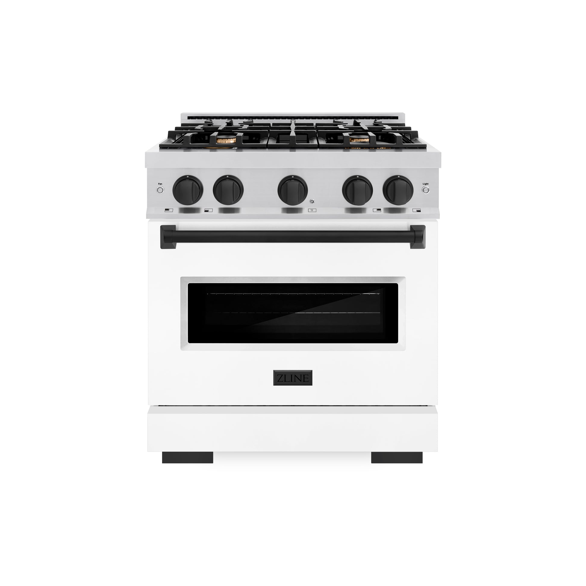 ZLINE Autograph Edition 30 in. 4.2 cu. ft. Classic Dual Fuel Range with 4 Burner Gas Cooktop and Electric Convection Oven in Stainless Steel with White Matte Door and Matte Black Accents (CDRZ-WM-30-MB) front, oven closed.