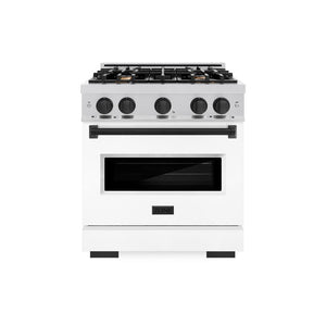 ZLINE Autograph Edition 30 in. 4.2 cu. ft. Classic Dual Fuel Range with 4 Burner Gas Cooktop and Electric Convection Oven in Stainless Steel with White Matte Door and Matte Black Accents (CDRZ-WM-30-MB) front, oven closed.