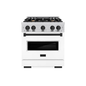 ZLINE Autograph Edition 30 in. 4.2 cu. ft. Classic Dual Fuel Range with 4 Burner Gas Cooktop and Electric Convection Oven in Stainless Steel with White Matte Door and Matte Black Accents (CDRZ-WM-30-MB) front, oven closed.