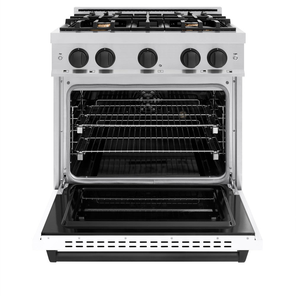 ZLINE Autograph Edition 30 in. 4.2 cu. ft. Classic Dual Fuel Range with 4 Burner Gas Cooktop and Electric Convection Oven in Stainless Steel with White Matte Door and Matte Black Accents (CDRZ-WM-30-MB) front, oven open.