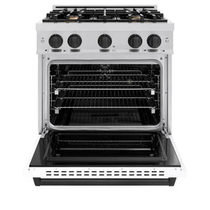 ZLINE Autograph Edition 30 in. 4.2 cu. ft. Classic Dual Fuel Range with 4 Burner Gas Cooktop and Electric Convection Oven in Stainless Steel with White Matte Door and Matte Black Accents (CDRZ-WM-30-MB) front, oven open.