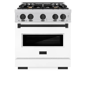 ZLINE Autograph Edition 30 in. 4.2 cu. ft. Classic Dual Fuel Range with 4 Burner Gas Cooktop and Electric Convection Oven in Stainless Steel with White Matte Door and Matte Black Accents (CDRZ-WM-30-MB) front, oven closed.