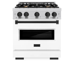 ZLINE Autograph Edition 30 in. 4.2 cu. ft. Classic Dual Fuel Range with 4 Burner Gas Cooktop and Electric Convection Oven in Stainless Steel with White Matte Door and Matte Black Accents (CDRZ-WM-30-MB) front, oven closed.