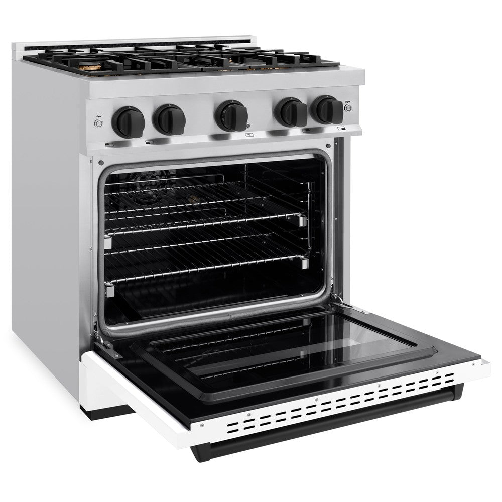 ZLINE Autograph Edition 30 in. 4.2 cu. ft. Classic Dual Fuel Range with 4 Burner Gas Cooktop and Electric Convection Oven in Stainless Steel with White Matte Door and Matte Black Accents (CDRZ-WM-30-MB) side, oven open.