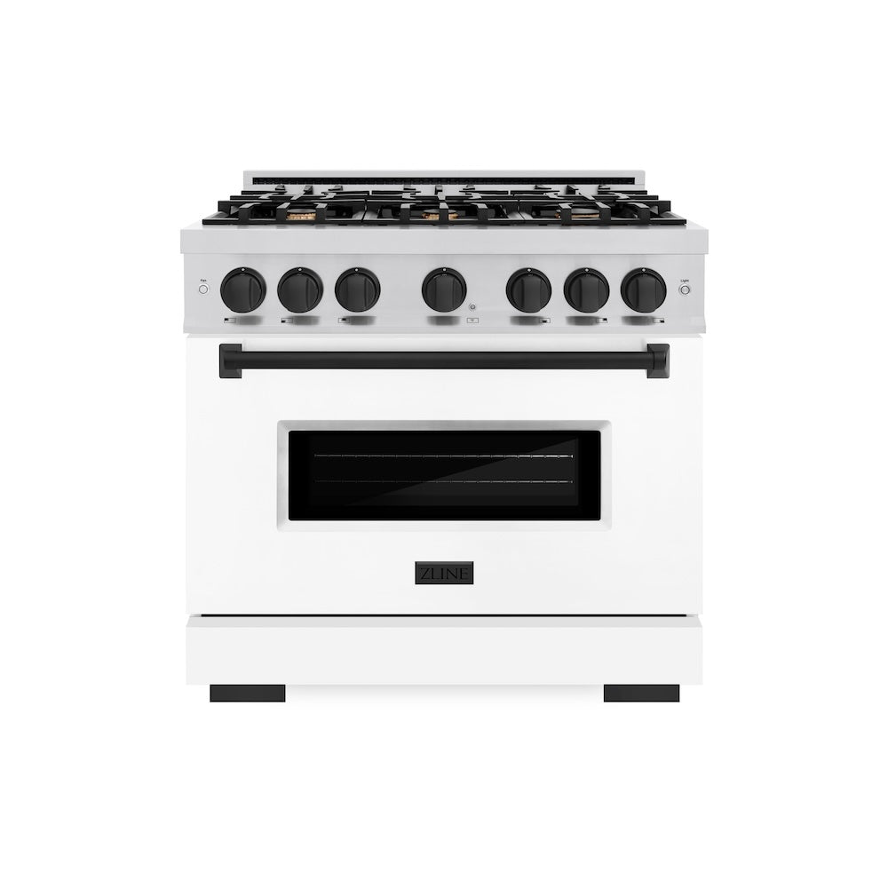 ZLINE Autograph Edition 36 in. 5.2 cu. ft. Classic Dual Fuel Range with 6 Burner Gas Cooktop and Electric Convection Oven in Stainless Steel with White Matte Door and Matte Black Accents (CDRZ-WM-36-MB)