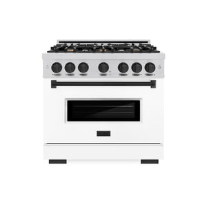 ZLINE Autograph Edition 36 in. 5.2 cu. ft. Classic Dual Fuel Range with 6 Burner Gas Cooktop and Electric Convection Oven in Stainless Steel with White Matte Door and Matte Black Accents (CDRZ-WM-36-MB) front, oven closed.