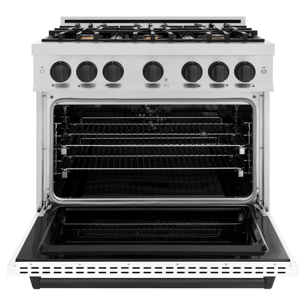 ZLINE Autograph Edition 36 in. 5.2 cu. ft. Classic Dual Fuel Range with 6 Burner Gas Cooktop and Electric Convection Oven in Stainless Steel with White Matte Door and Matte Black Accents (CDRZ-WM-36-MB)