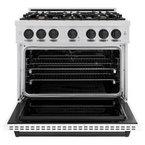 ZLINE Autograph Edition 36 in. 5.2 cu. ft. Classic Dual Fuel Range with 6 Burner Gas Cooktop and Electric Convection Oven in Stainless Steel with White Matte Door and Matte Black Accents (CDRZ-WM-36-MB) front, oven open.
