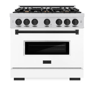 ZLINE Autograph Edition 36 in. 5.2 cu. ft. Classic Dual Fuel Range with 6 Burner Gas Cooktop and Electric Convection Oven in Stainless Steel with White Matte Door and Matte Black Accents (CDRZ-WM-36-MB) front, oven closed.