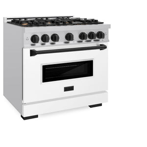 ZLINE Autograph Edition 36 in. 5.2 cu. ft. Classic Dual Fuel Range with 6 Burner Gas Cooktop and Electric Convection Oven in Stainless Steel with White Matte Door and Matte Black Accents (CDRZ-WM-36-MB) side, oven closed.