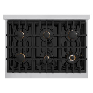 ZLINE Autograph Edition 36 in. 5.2 cu. ft. Classic Dual Fuel Range with 6 Burner Gas Cooktop and Electric Convection Oven in Stainless Steel with White Matte Door and Matte Black Accents (CDRZ-WM-36-MB) top-down, above cooktop.