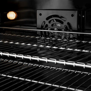 ZLINE Autograph Edition 48 in. 6.7 cu. ft. Classic Double Oven Dual Fuel Range with 8 Burner Gas Cooktop in Stainless Steel with White Matte Door and Matte Black Accents (CDRZ-WM-48-MB) convection fan and lighting inside oven.