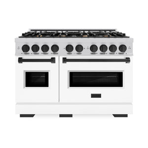 ZLINE Autograph Edition 48 in. 6.7 cu. ft. Classic Double Oven Dual Fuel Range with 8 Burner Gas Cooktop in Stainless Steel with White Matte Door and Matte Black Accents (CDRZ-WM-48-MB) front, oven closed.