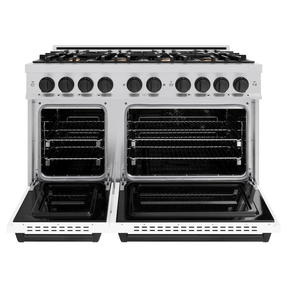 ZLINE Autograph Edition 48 in. 6.7 cu. ft. Classic Double Oven Dual Fuel Range with 8 Burner Gas Cooktop in Stainless Steel with White Matte Door and Matte Black Accents (CDRZ-WM-48-MB)