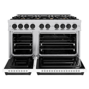 ZLINE Autograph Edition 48 in. 6.7 cu. ft. Classic Double Oven Dual Fuel Range with 8 Burner Gas Cooktop in Stainless Steel with White Matte Door and Matte Black Accents (CDRZ-WM-48-MB) front, oven open.