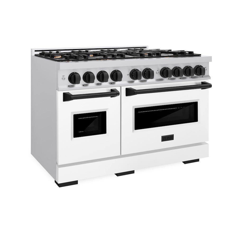 ZLINE Autograph Edition 48 in. 6.7 cu. ft. Classic Double Oven Dual Fuel Range with 8 Burner Gas Cooktop in Stainless Steel with White Matte Door and Matte Black Accents (CDRZ-WM-48-MB)