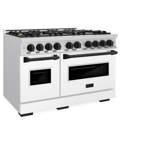 ZLINE Autograph Edition 48 in. 6.7 cu. ft. Classic Double Oven Dual Fuel Range with 8 Burner Gas Cooktop in Stainless Steel with White Matte Door and Matte Black Accents (CDRZ-WM-48-MB) side, oven closed.