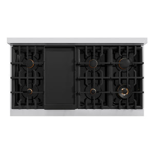 ZLINE Autograph Edition 48 in. 6.7 cu. ft. Classic Double Oven Dual Fuel Range with 8 Burner Gas Cooktop in Stainless Steel with White Matte Door and Matte Black Accents (CDRZ-WM-48-MB) top-down, above cooktop.
