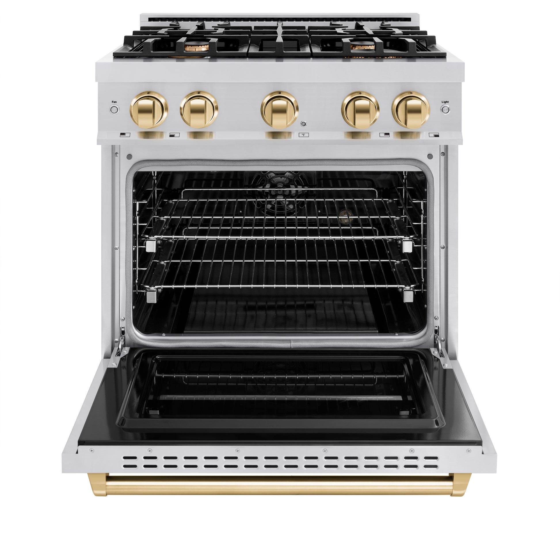 ZLINE Autograph Edition 30 in. 4.2 cu. ft. Classic Dual Fuel Range with 4 Burner Gas Cooktop and Electric Convection Oven in Stainless Steel with Polished Gold Accents (CDRZ-30-G) front, open.