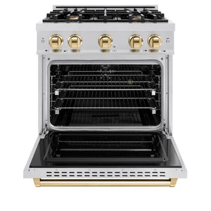 ZLINE Autograph Edition 30 in. 4.2 cu. ft. Classic Dual Fuel Range with 4 Burner Gas Cooktop and Electric Convection Oven in Stainless Steel with Polished Gold Accents (CDRZ-30-G) front, oven open.