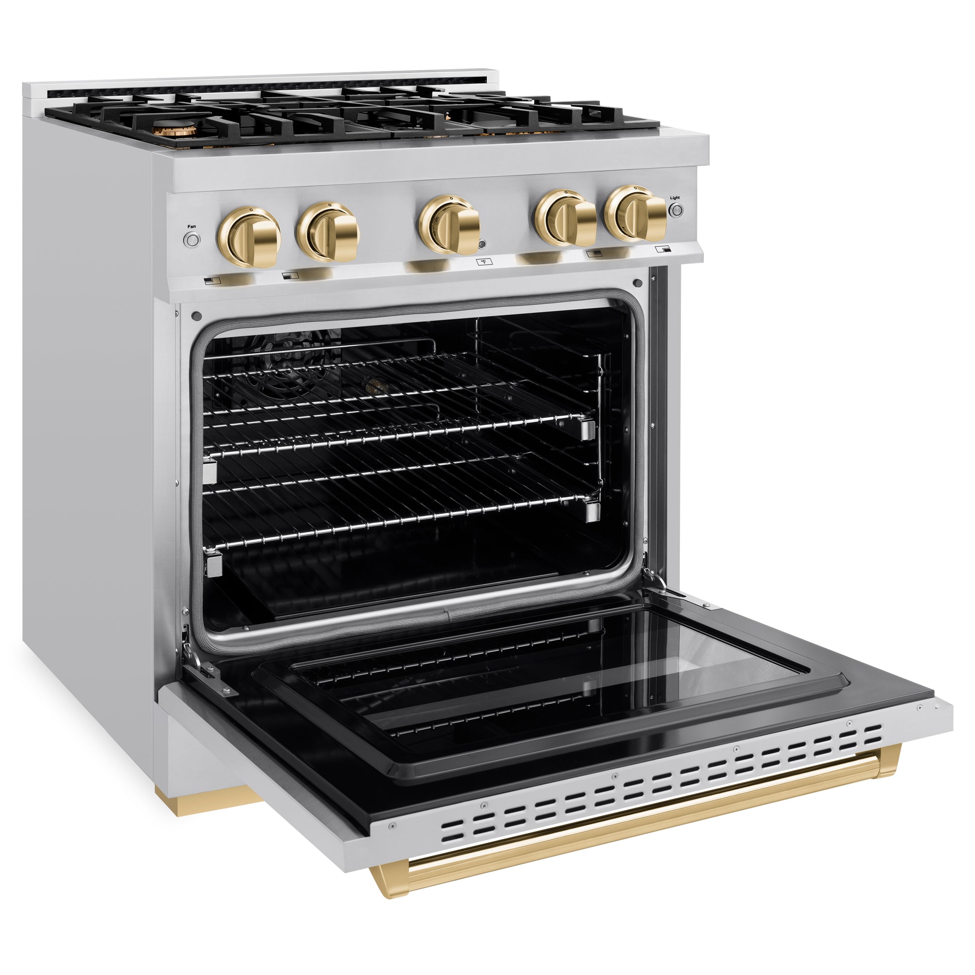 ZLINE Autograph Edition 30 in. 4.2 cu. ft. Classic Dual Fuel Range with 4 Burner Gas Cooktop and Electric Convection Oven in Stainless Steel with Polished Gold Accents (CDRZ-30-G) side, open.