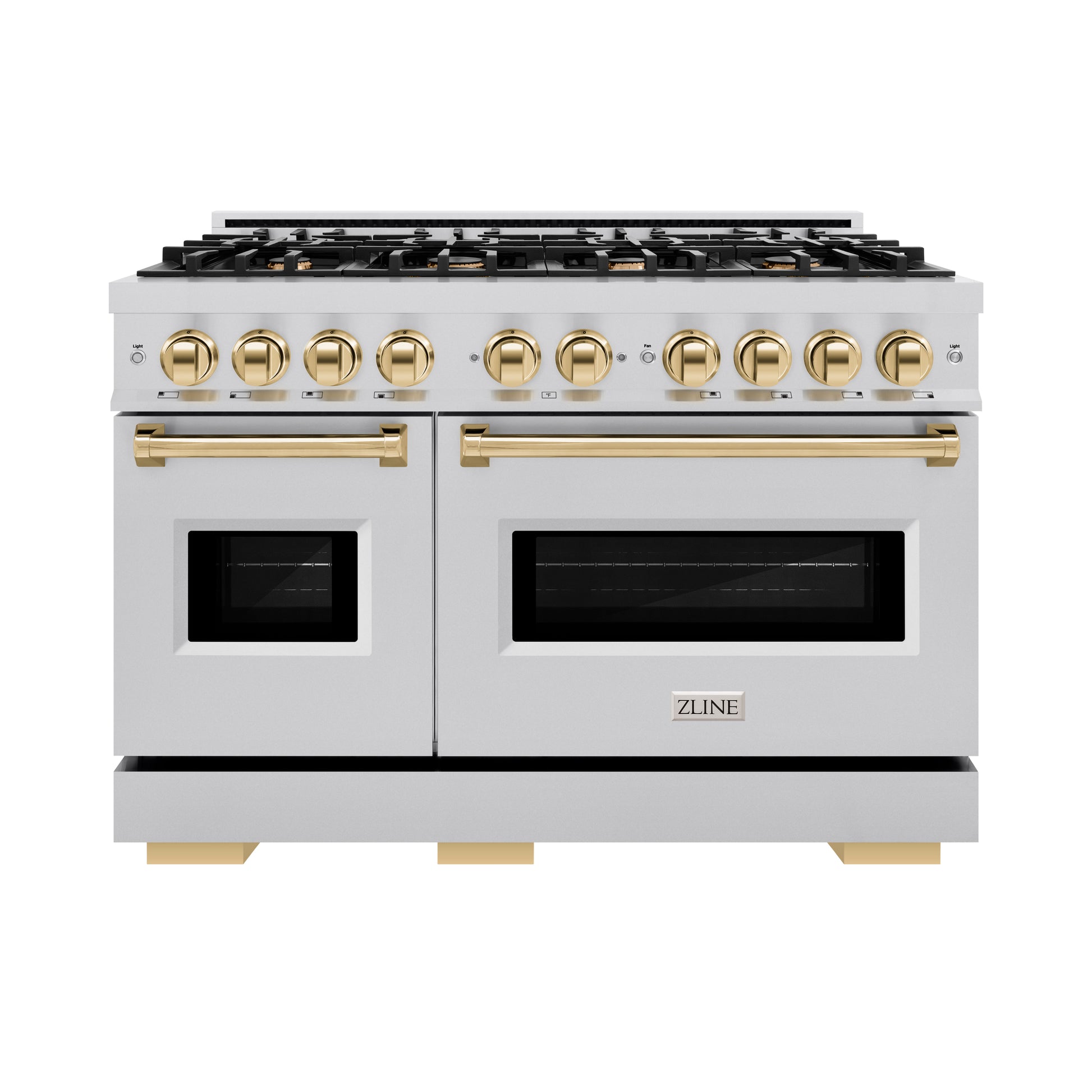 ZLINE Autograph Edition 48 in. 6.7 cu. ft. Classic Double Oven Dual Fuel Range with 8 Burner Gas Cooktop in Stainless Steel and Polished Gold Accents (CDRZ-48-G) front.