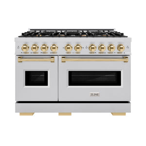 ZLINE Autograph Edition 48 in. 6.7 cu. ft. Classic Double Oven Dual Fuel Range with 8 Burner Gas Cooktop in Stainless Steel and Polished Gold Accents (CDRZ-48-G) front, oven closed.