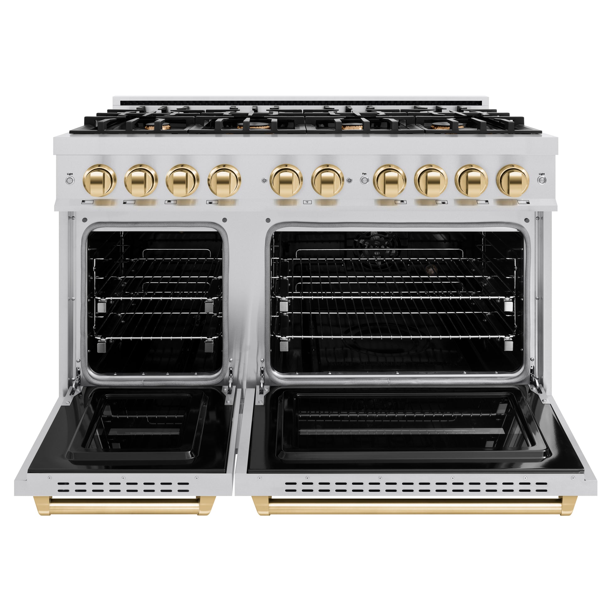 ZLINE Autograph Edition 48 in. 6.7 cu. ft. Classic Double Oven Dual Fuel Range with 8 Burner Gas Cooktop in Stainless Steel and Polished Gold Accents (CDRZ-48-G) front, open.