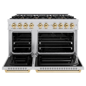 ZLINE Autograph Edition 48 in. 6.7 cu. ft. Classic Double Oven Dual Fuel Range with 8 Burner Gas Cooktop in Stainless Steel and Polished Gold Accents (CDRZ-48-G) front, oven open.