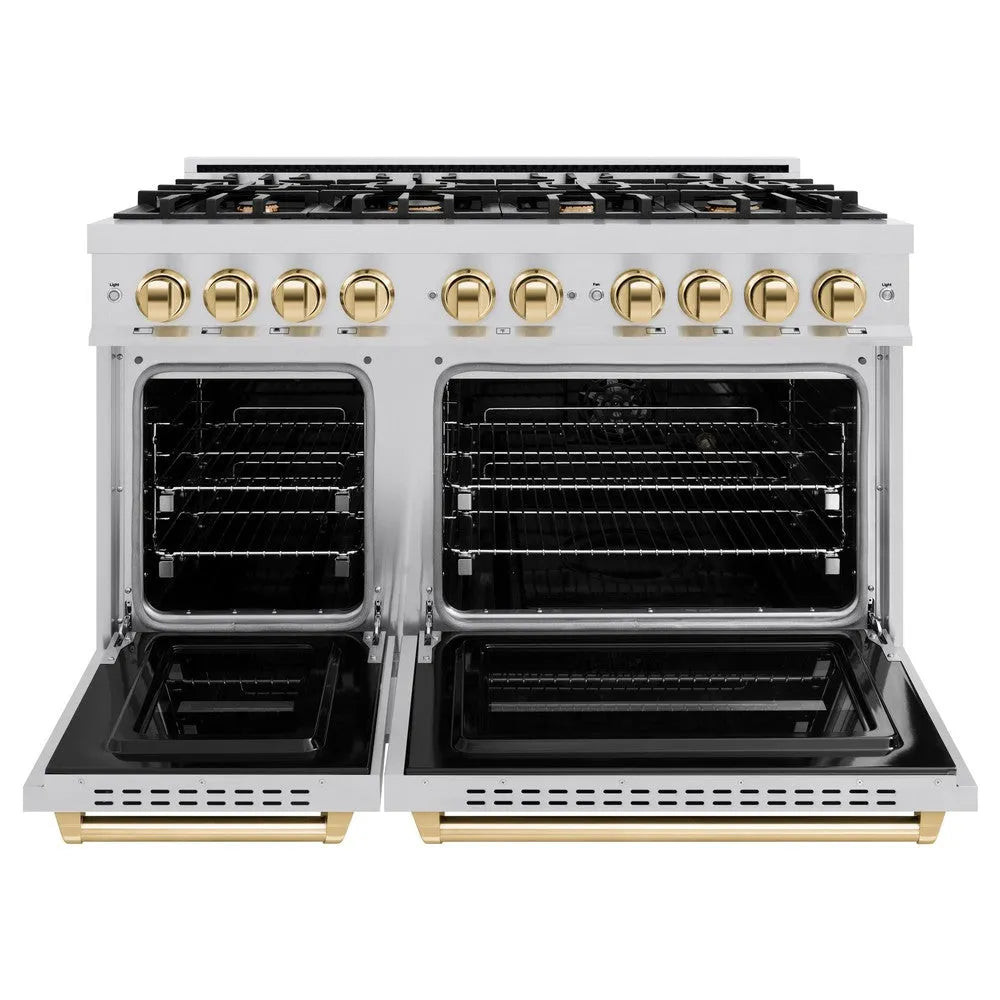 ZLINE Autograph Edition 48 in. 6.7 cu. ft. Classic Double Oven Dual Fuel Range with 8 Burner Gas Cooktop in Stainless Steel and Polished Gold Accents (CDRZ-48-G) front, oven open.