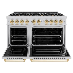 ZLINE Autograph Edition 48 in. 6.7 cu. ft. Classic Double Oven Dual Fuel Range with 8 Burner Gas Cooktop in Stainless Steel and Polished Gold Accents (CDRZ-48-G) front, oven open.
